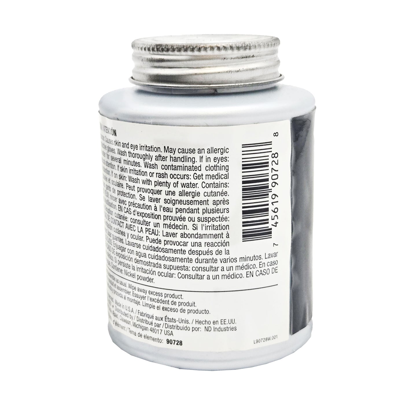 Back label of expired Vibra-Tite 9072 nickel anti-seize with additional safety warnings, first-aid instructions, barcode, and Made in USA marking