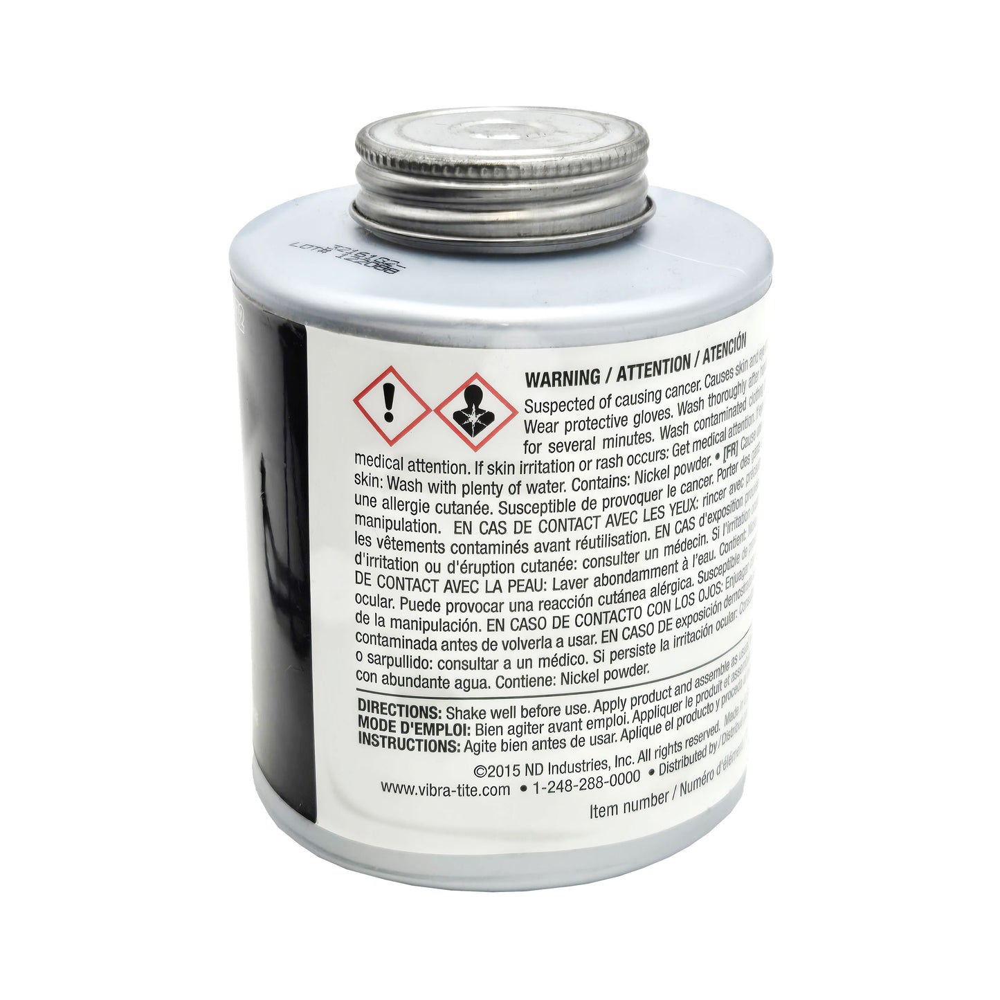 side label of expired Vibra-Tite 9072 nickel anti-seize showing GHS hazard pictograms, cancer and irritation warnings, nickel powder content, and usage directions