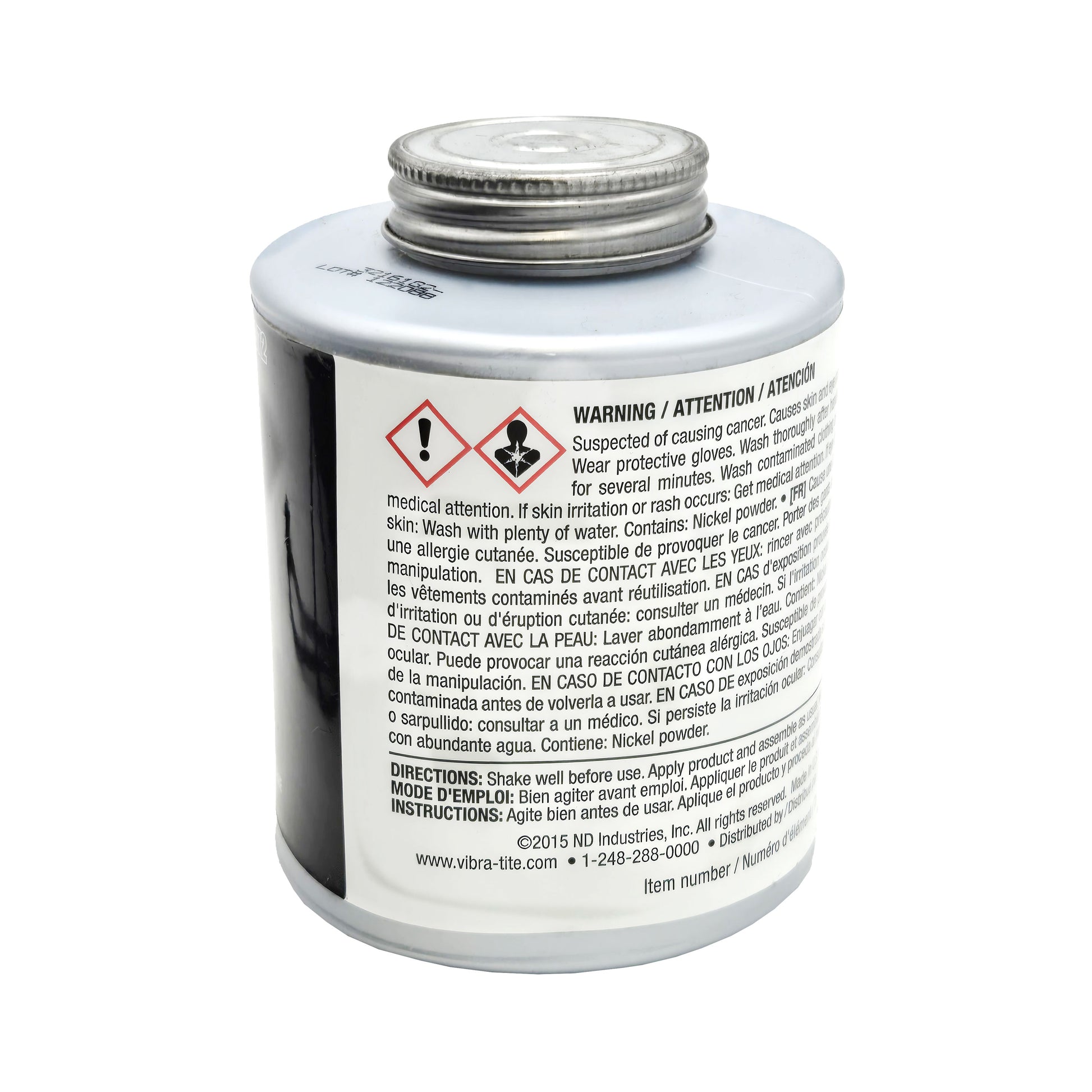 side label of expired Vibra-Tite 9072 nickel anti-seize showing GHS hazard pictograms, cancer and irritation warnings, nickel powder content, and usage directions