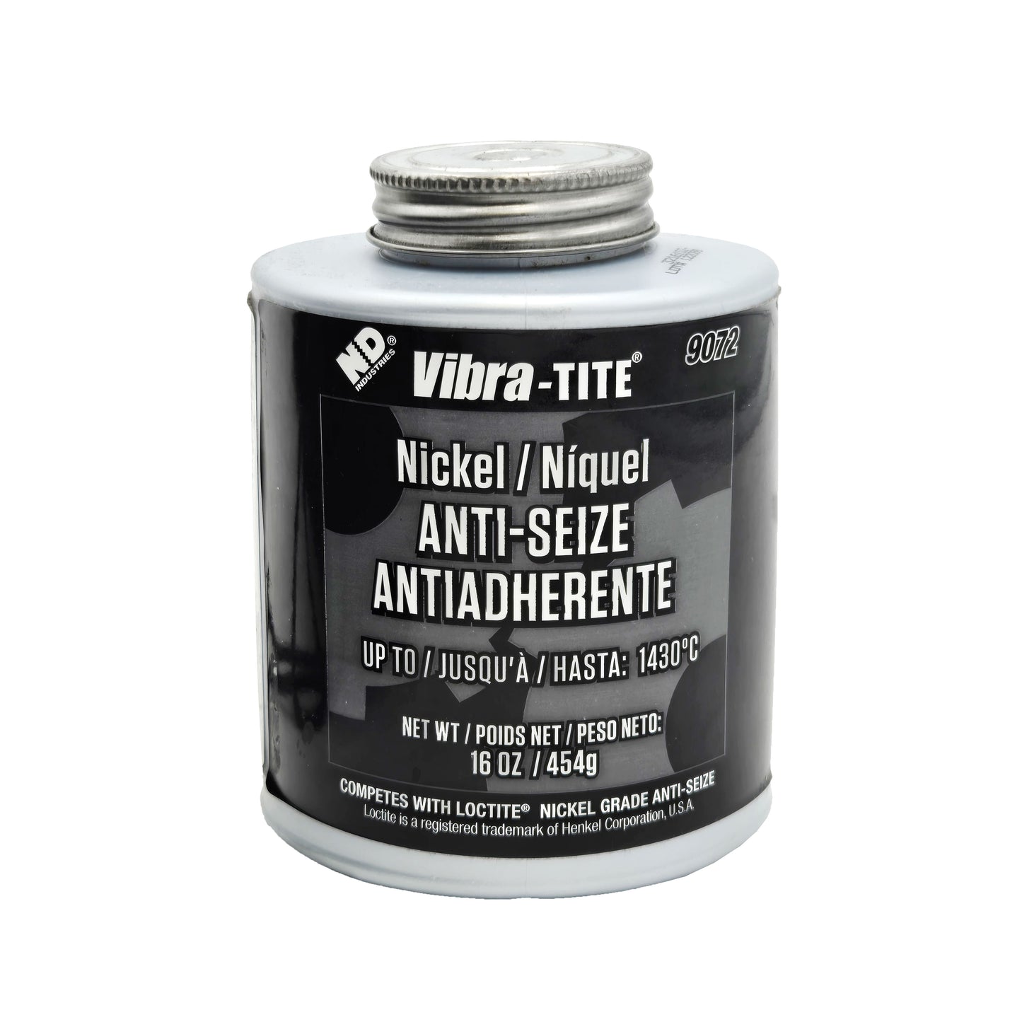 Front view of expired Vibra-Tite 9072 nickel anti-seize 16oz metal can rated up to 1430°C with product details