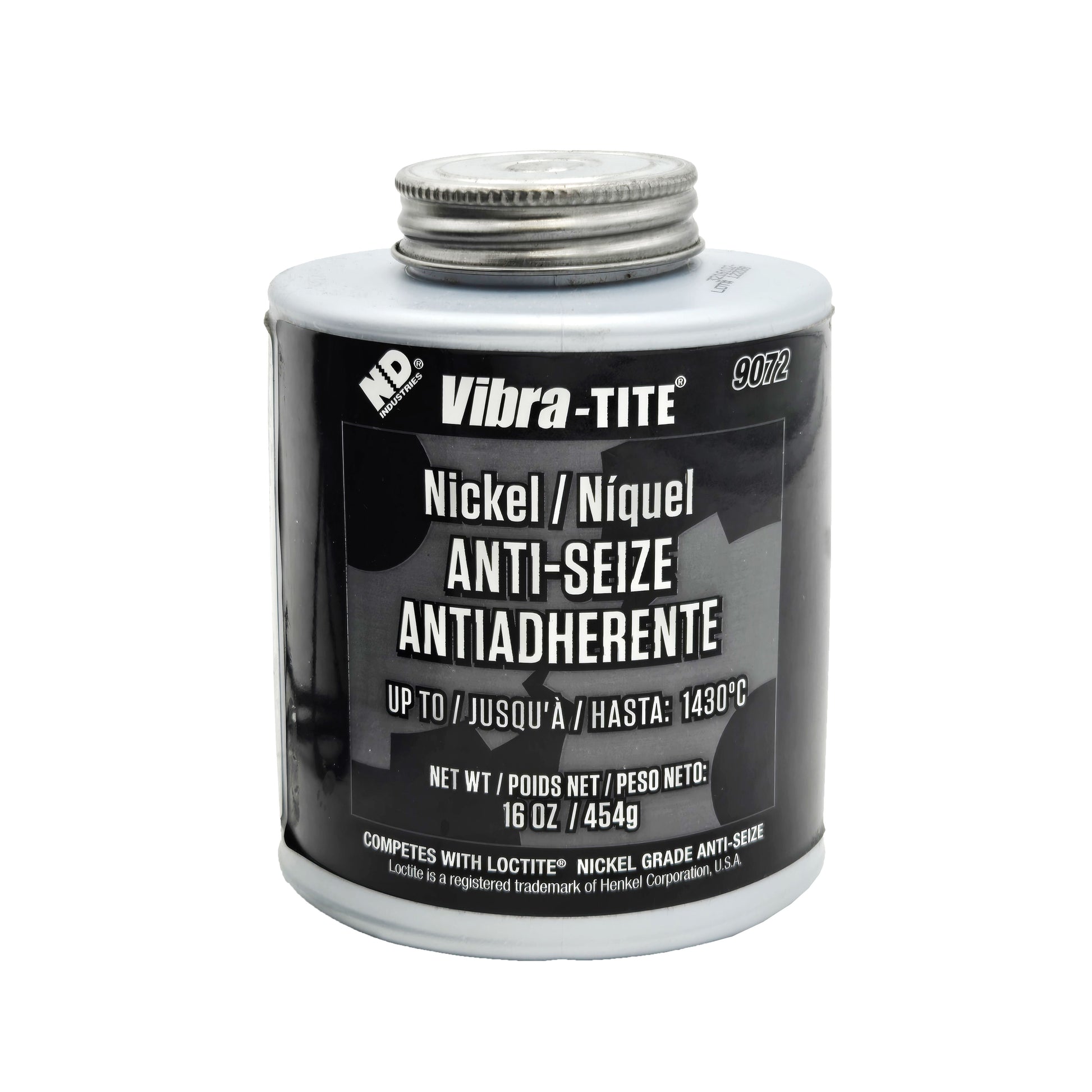 Front view of expired Vibra-Tite 9072 nickel anti-seize 16oz metal can rated up to 1430°C with product details