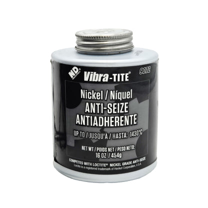 Front view of expired Vibra-Tite 9072 nickel anti-seize 16oz metal can rated up to 1430°C with product details