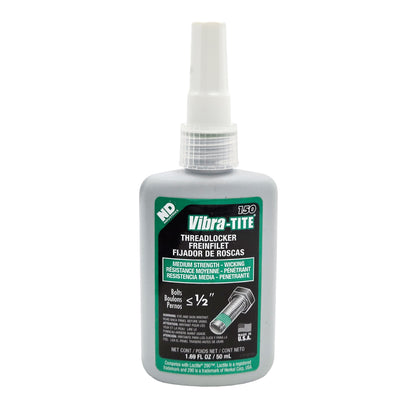Front of Vibra-Tite 150 Medium Strength Wicking Grade Threadlocker 50mL bottle showing label and bolt graphic