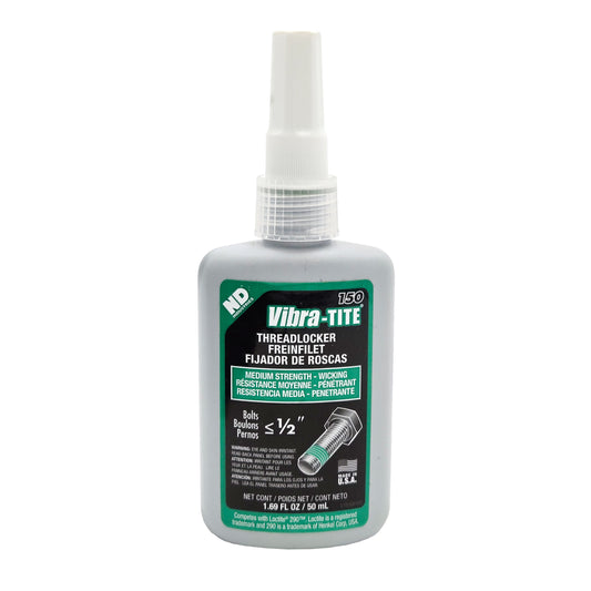 Front of Vibra-Tite 150 Medium Strength Wicking Grade Threadlocker 50mL bottle showing label and bolt graphic