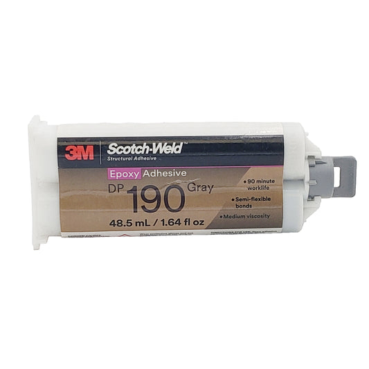 Front view of expired 3M Scotch-Weld DP190 gray epoxy adhesive Duo-Pak cartridge showing 90-minute work life, semi-flexible bonds, and 1.7 oz size.