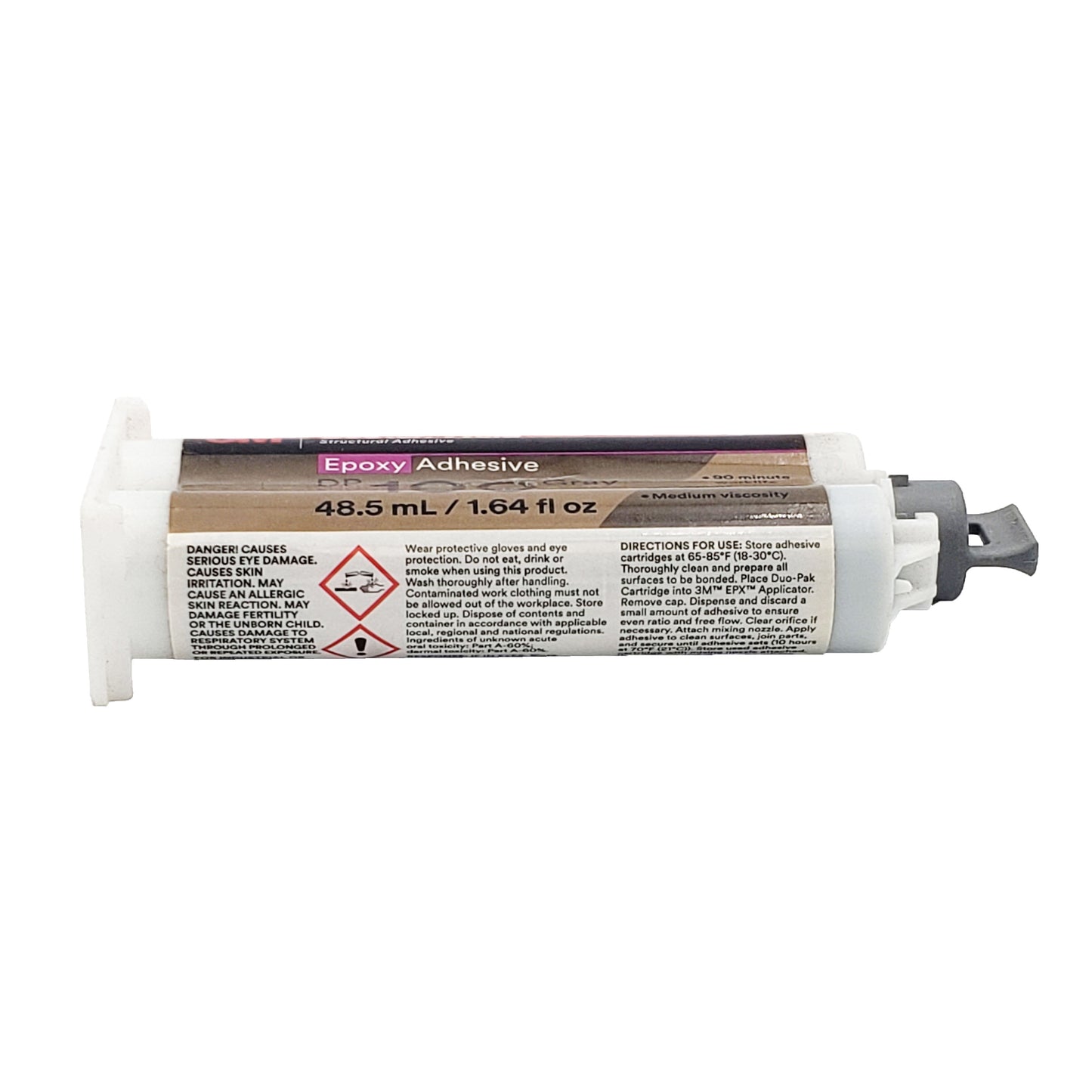 Safety and instruction label on 3M Scotch-Weld DP190 epoxy cartridge showing danger warnings, GHS symbols, and EPX applicator requirement