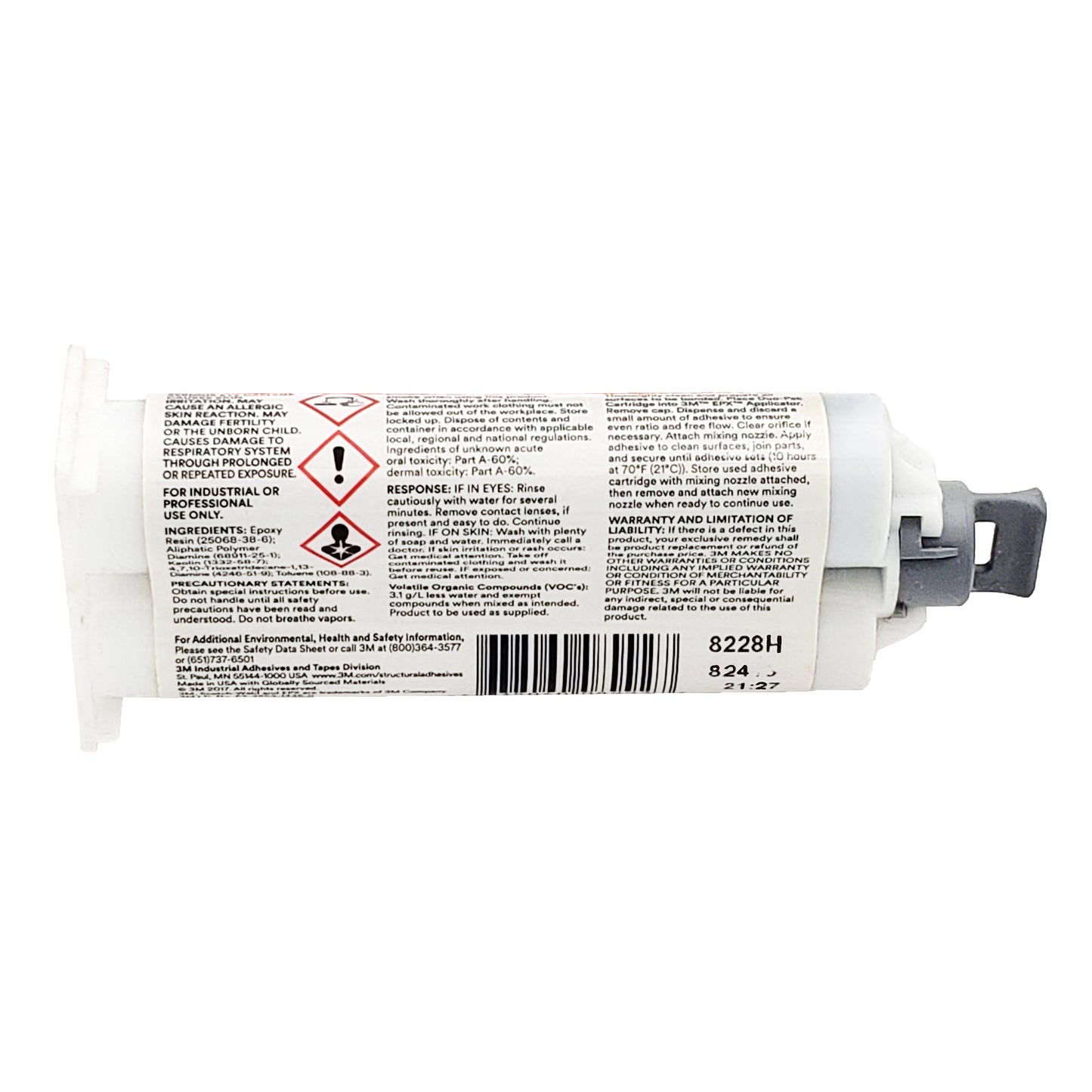 Back label of 3M Scotch-Weld DP190 gray epoxy showing ingredient list, barcode area, batch codes, and manufacturer contact information