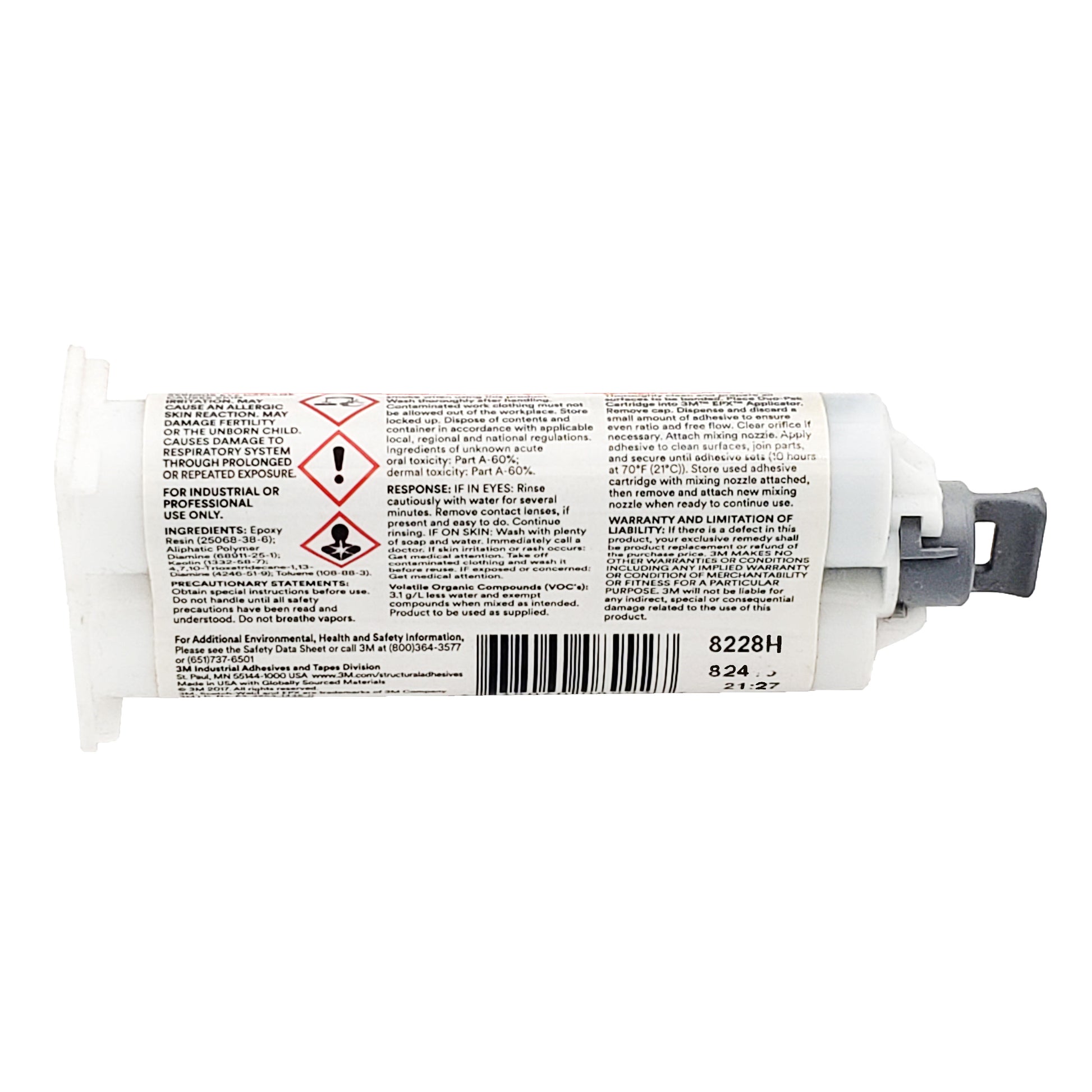 Back label of 3M Scotch-Weld DP190 gray epoxy showing ingredient list, barcode area, batch codes, and manufacturer contact information