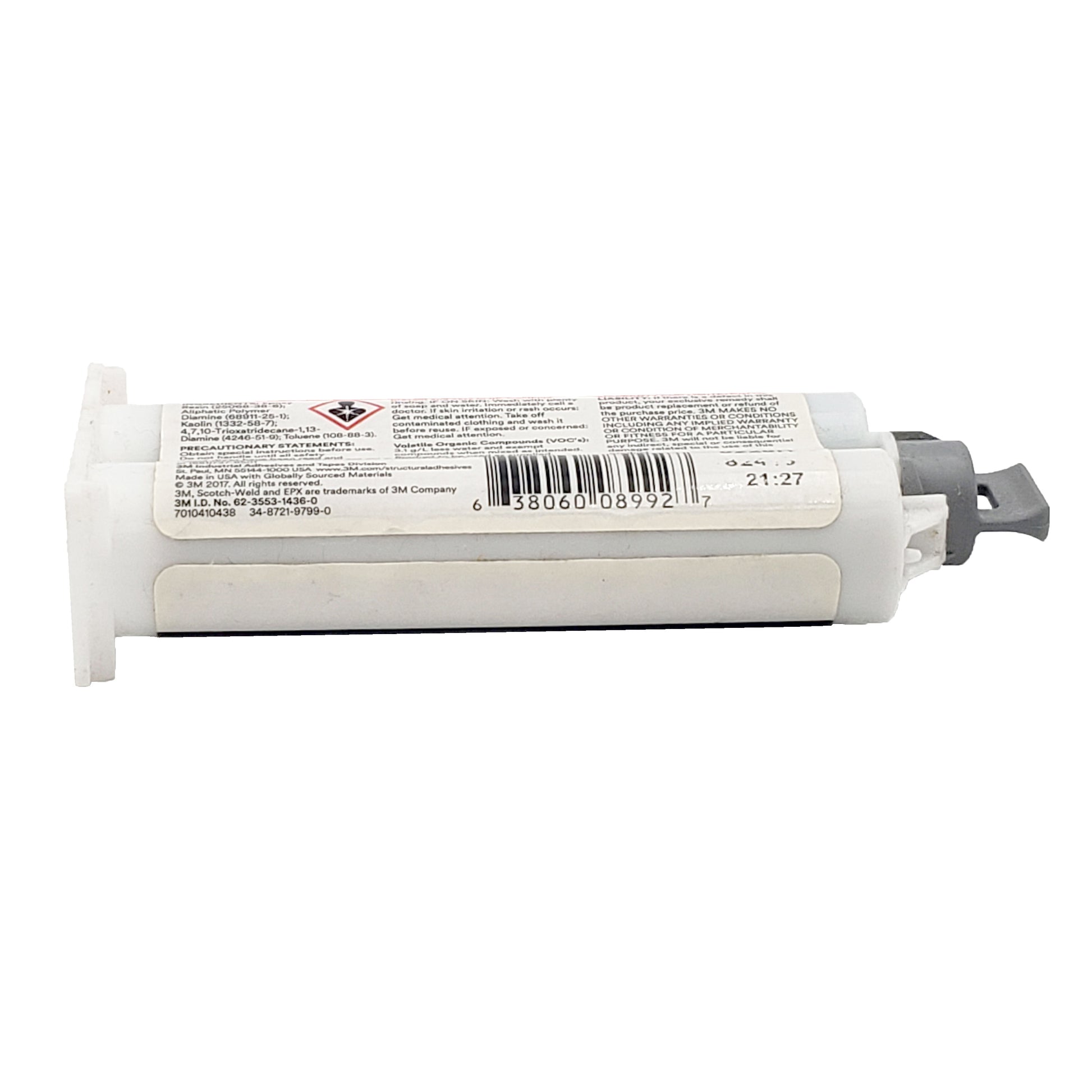 Centered back view of 3M Scotch-Weld DP190 epoxy cartridge showing UPC barcode and warranty and liability information.”