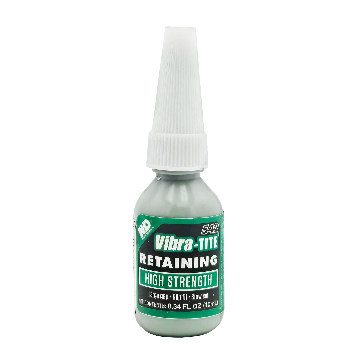 Front of Vibra-Tite 542 High Strength Retaining Compound 10mL bottle showing label and ND Industries logo.