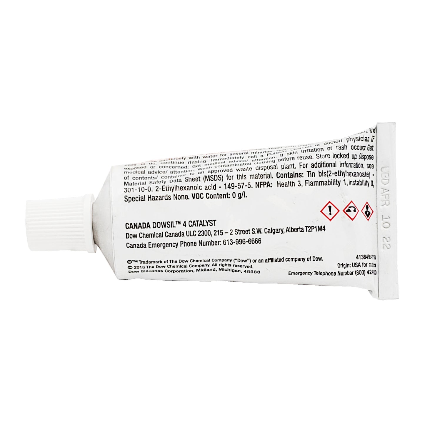 Back label of DOWSIL 4 catalyst tube showing chemical contents, NFPA ratings, and use-by date