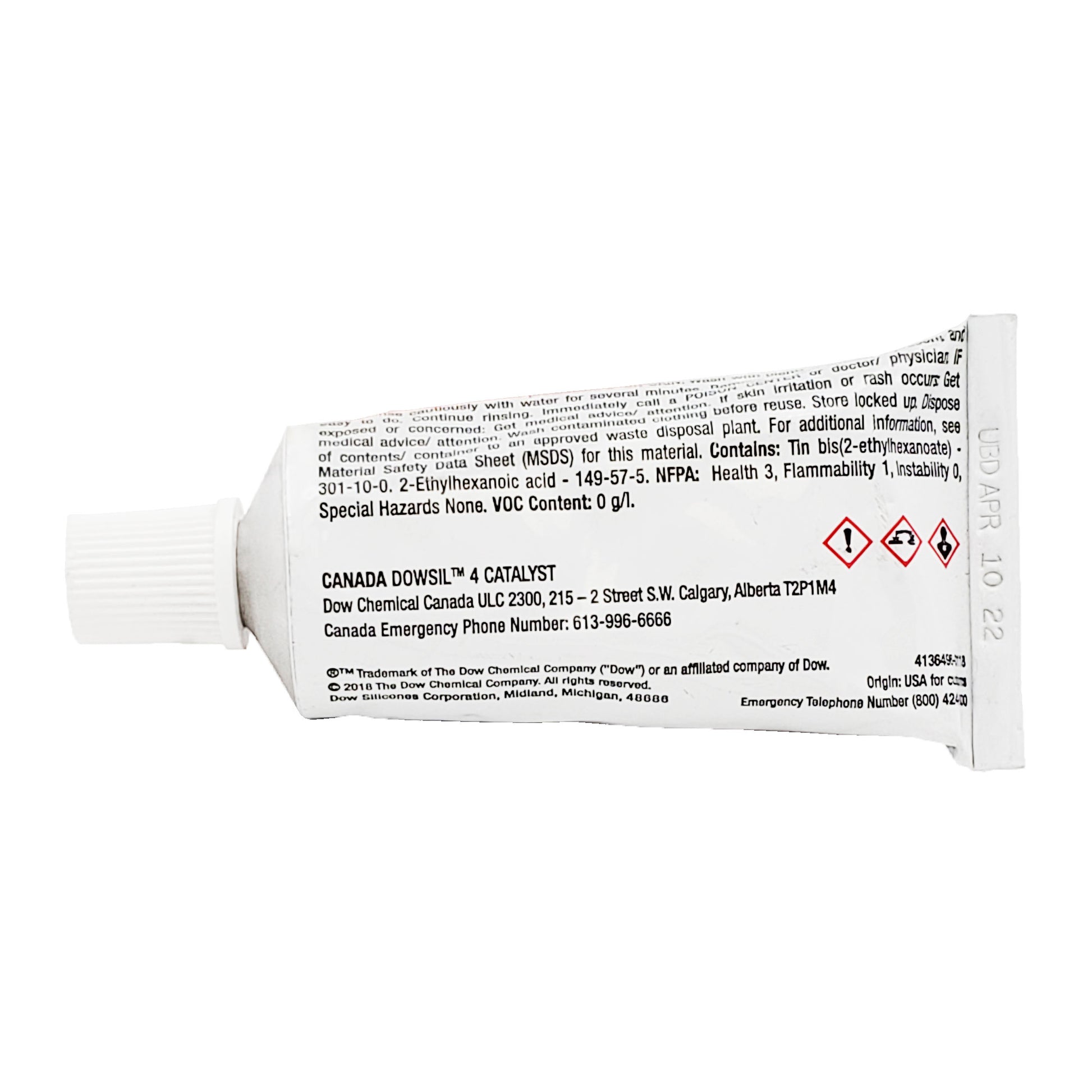 Back label of DOWSIL 4 catalyst tube showing chemical contents, NFPA ratings, and use-by date