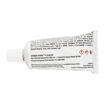 Back label of DOWSIL 4 catalyst tube showing chemical contents, NFPA ratings, and use-by date