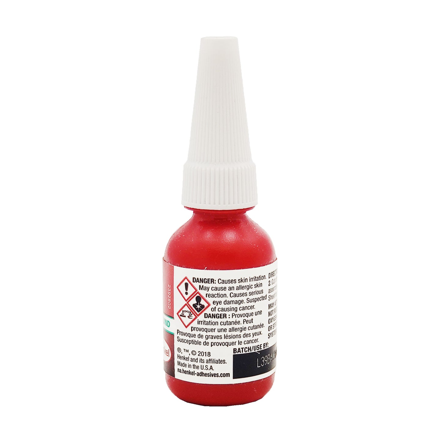 Side label of Loctite 638 retaining compound showing hazard symbols and cancer warning
