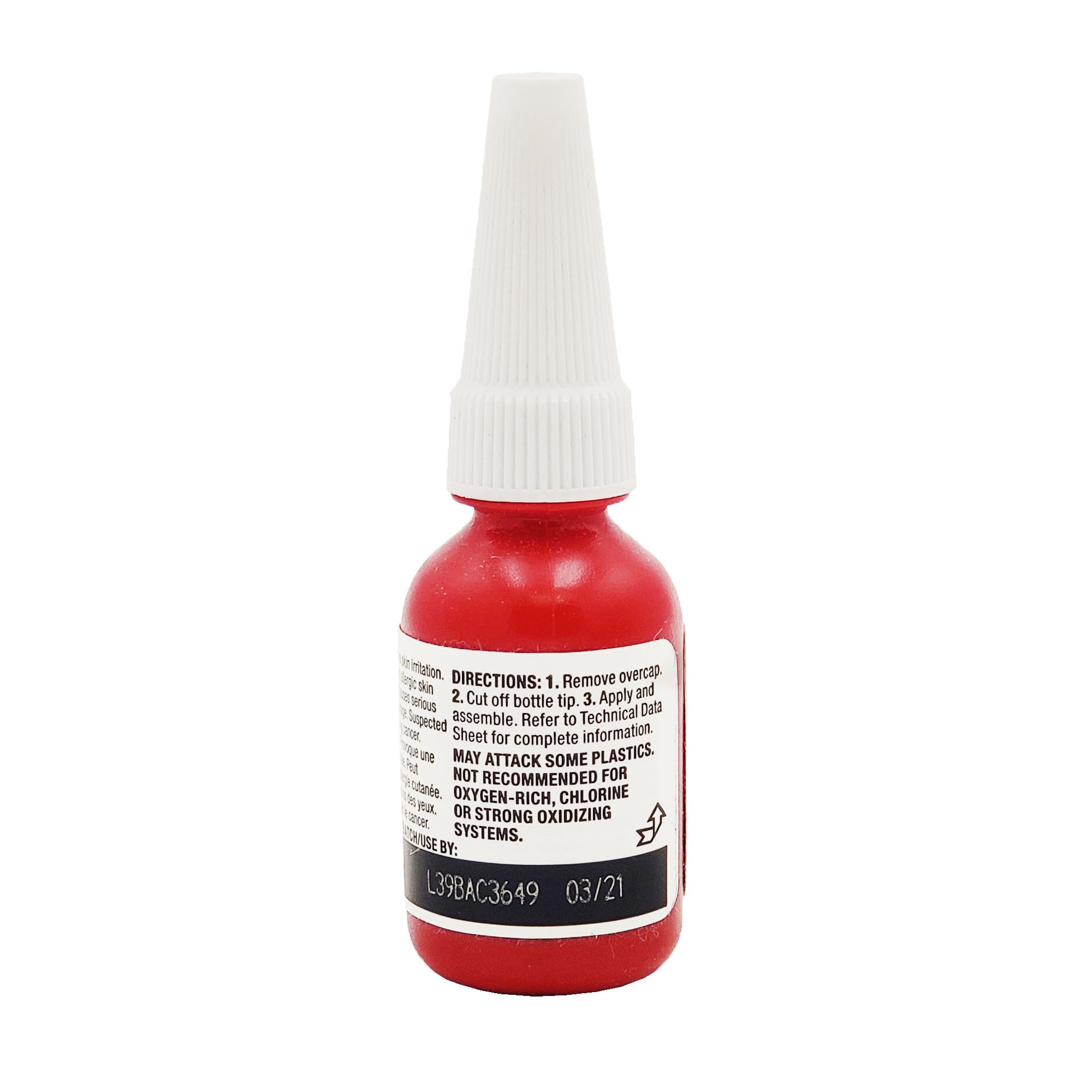 Back label of Loctite 638 retaining compound with directions and batch number L39BAC3649 exp 03/21