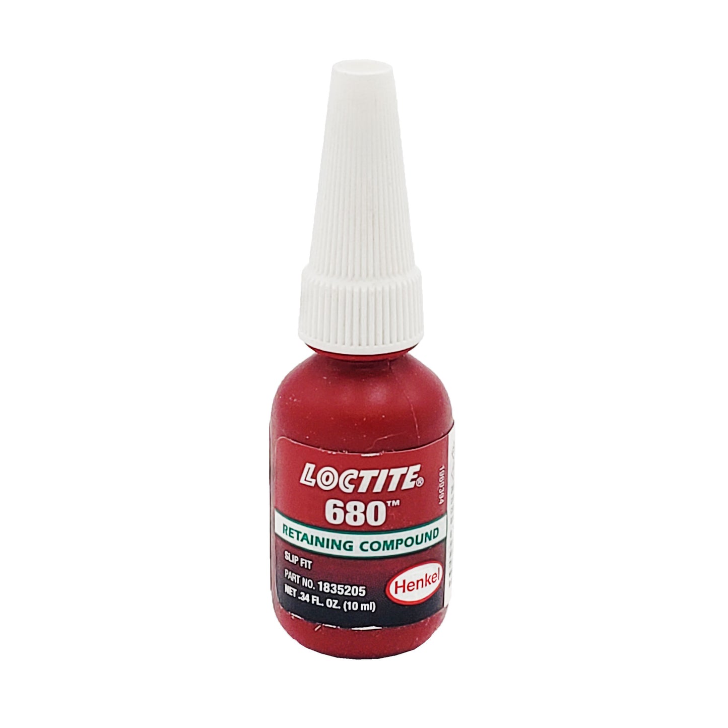 Front view of expired Loctite 680 retaining compound 10 mL bottle with white nozzle showing slip-fit high-strength label and part number 1835205