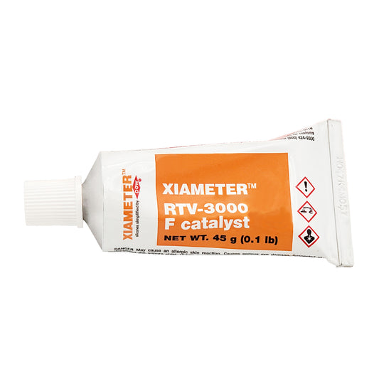Front view of expired XIAMETER RTV-3000 Catalyst F tube 45 g showing orange label and Dow Corning branding