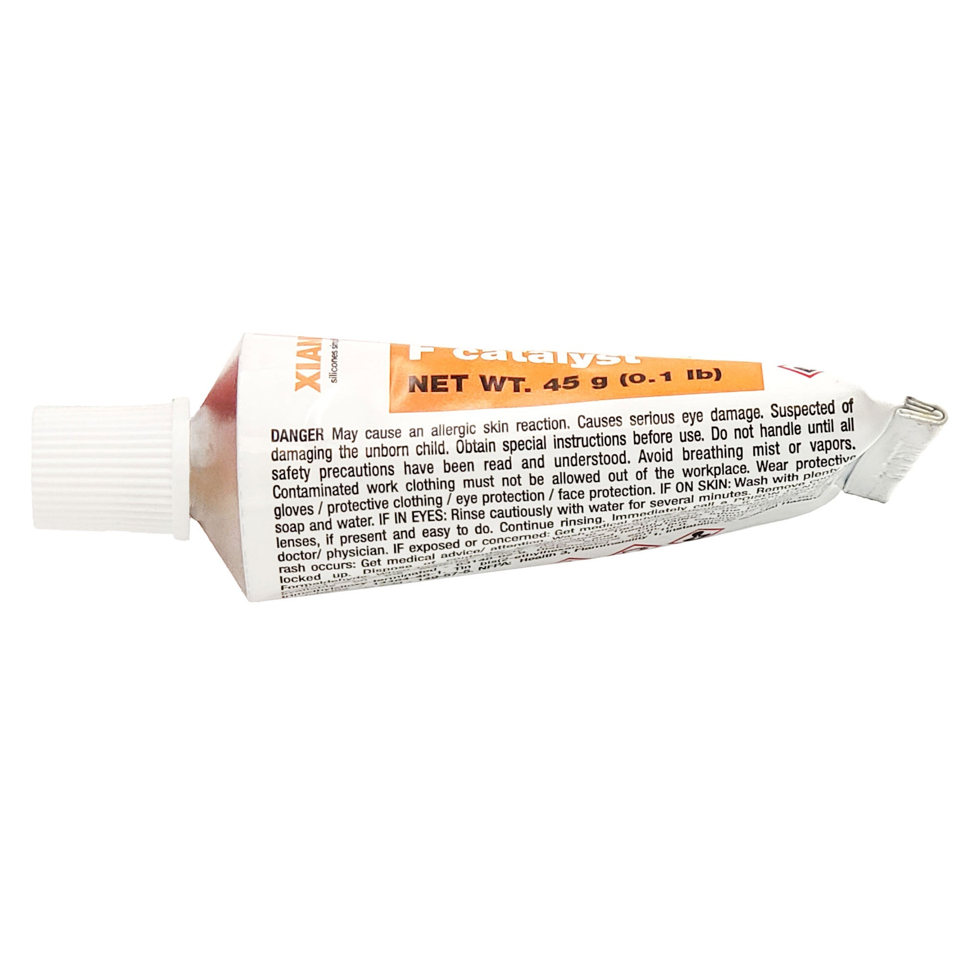 Side label of XIAMETER RTV-3000 Catalyst F showing danger warnings for allergic skin reaction and serious eye damage