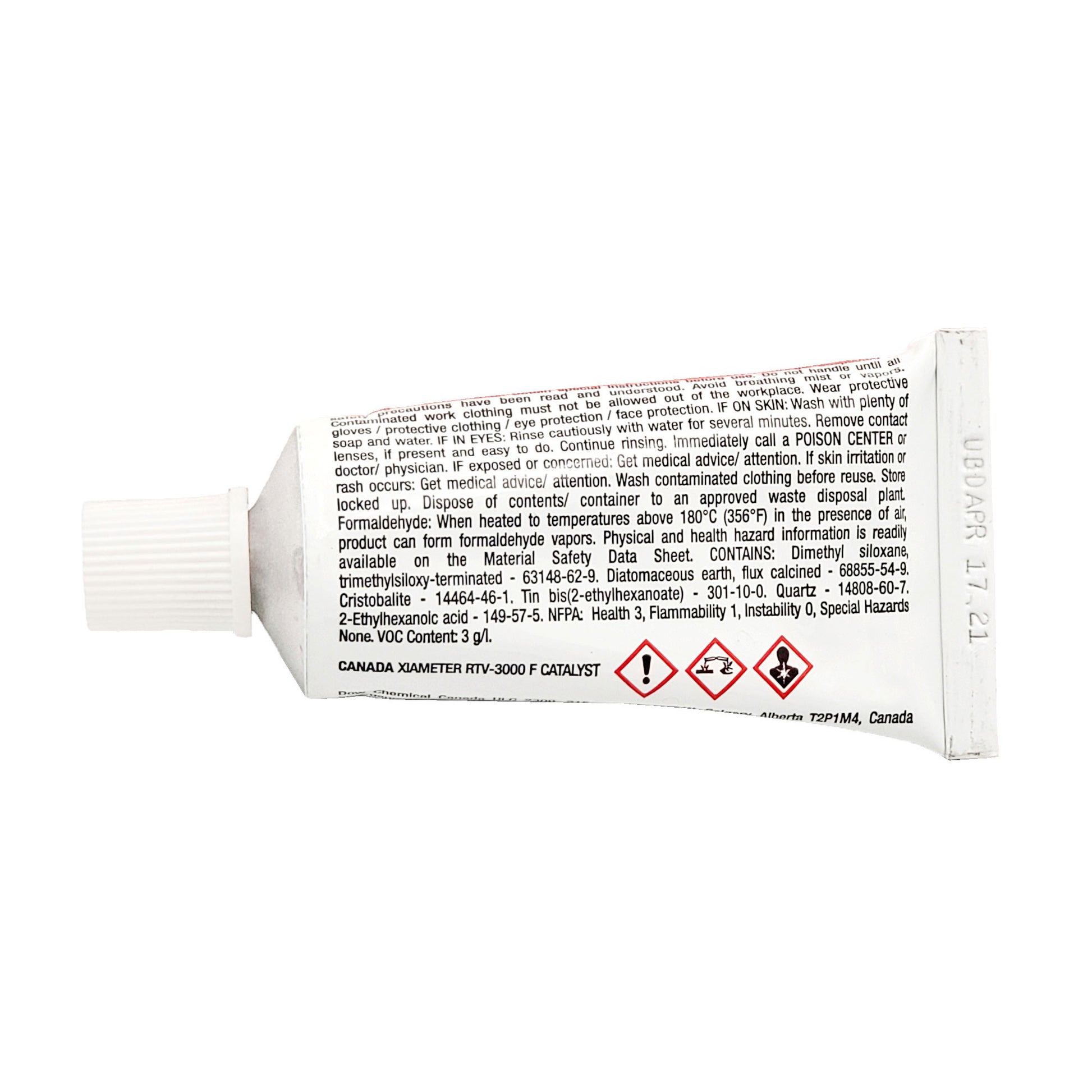 Technical information panel on XIAMETER RTV-3000 Catalyst F listing ingredients and warning about formaldehyde vapors when heated above 180°C