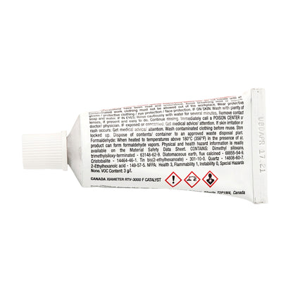 Technical information panel on XIAMETER RTV-3000 Catalyst F listing ingredients and warning about formaldehyde vapors when heated above 180°C