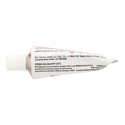 Storage and manufacturer label on XIAMETER RTV-3000 Catalyst F showing store below 90°F and Dow Silicones Corporation details