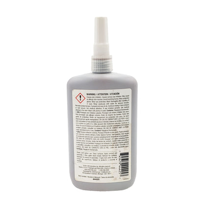 Back label of expired Vibra-Tite 444 hydraulic thread sealant 250 mL showing multilingual safety warnings, application directions, item number 44425, and barcode.