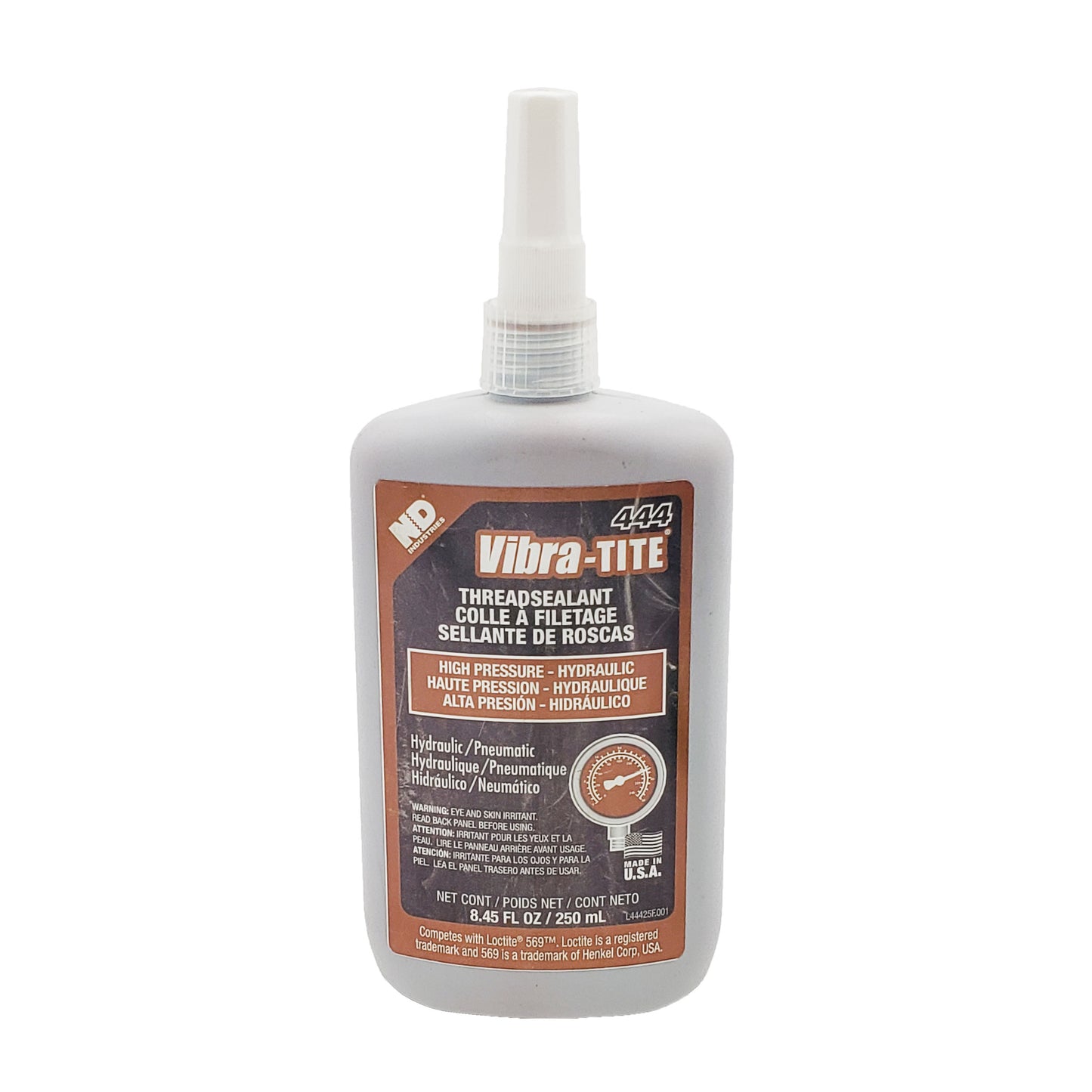 Front view of expired Vibra-Tite 444 high-pressure hydraulic thread sealant 250 mL bottle showing pressure gauge graphic and Loctite 569 comparison.