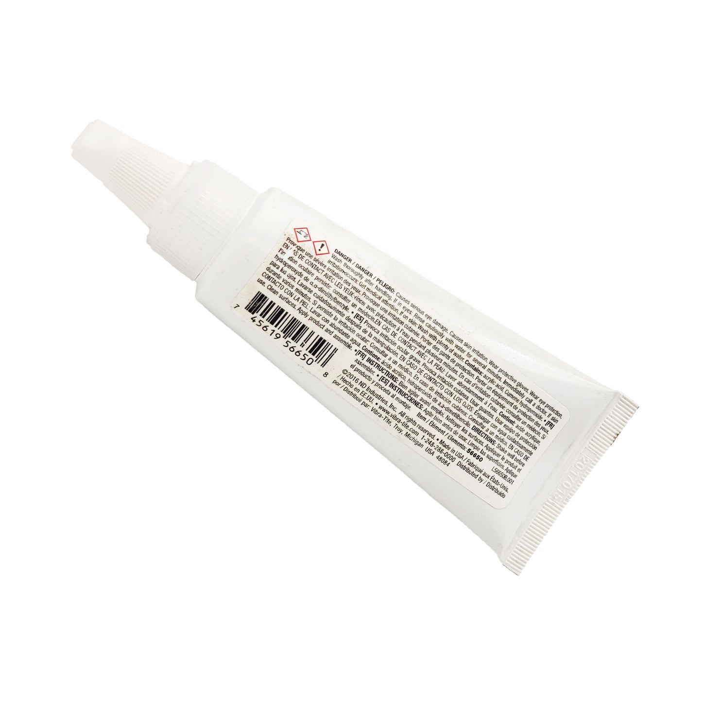 Back label of Vibra-Tite 566 retaining compound showing danger warnings, shake-before-use instructions, and item number 56650