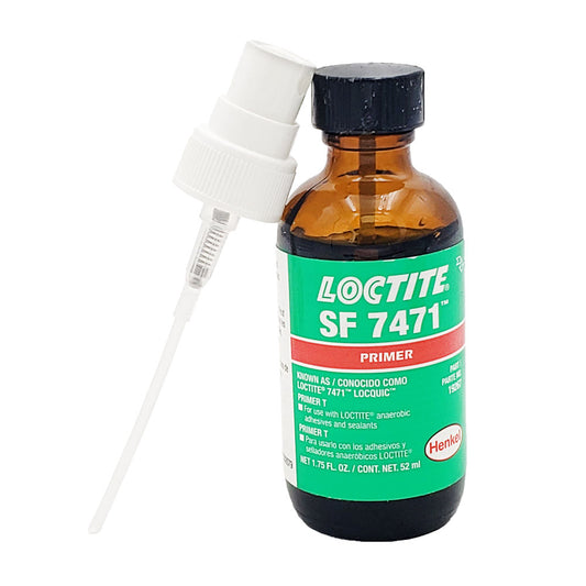 Front view of expired Loctite 7471 yellow Primer 1 anaerobic activator 1.75 oz amber bottle with spray pump applicator and dip tube.