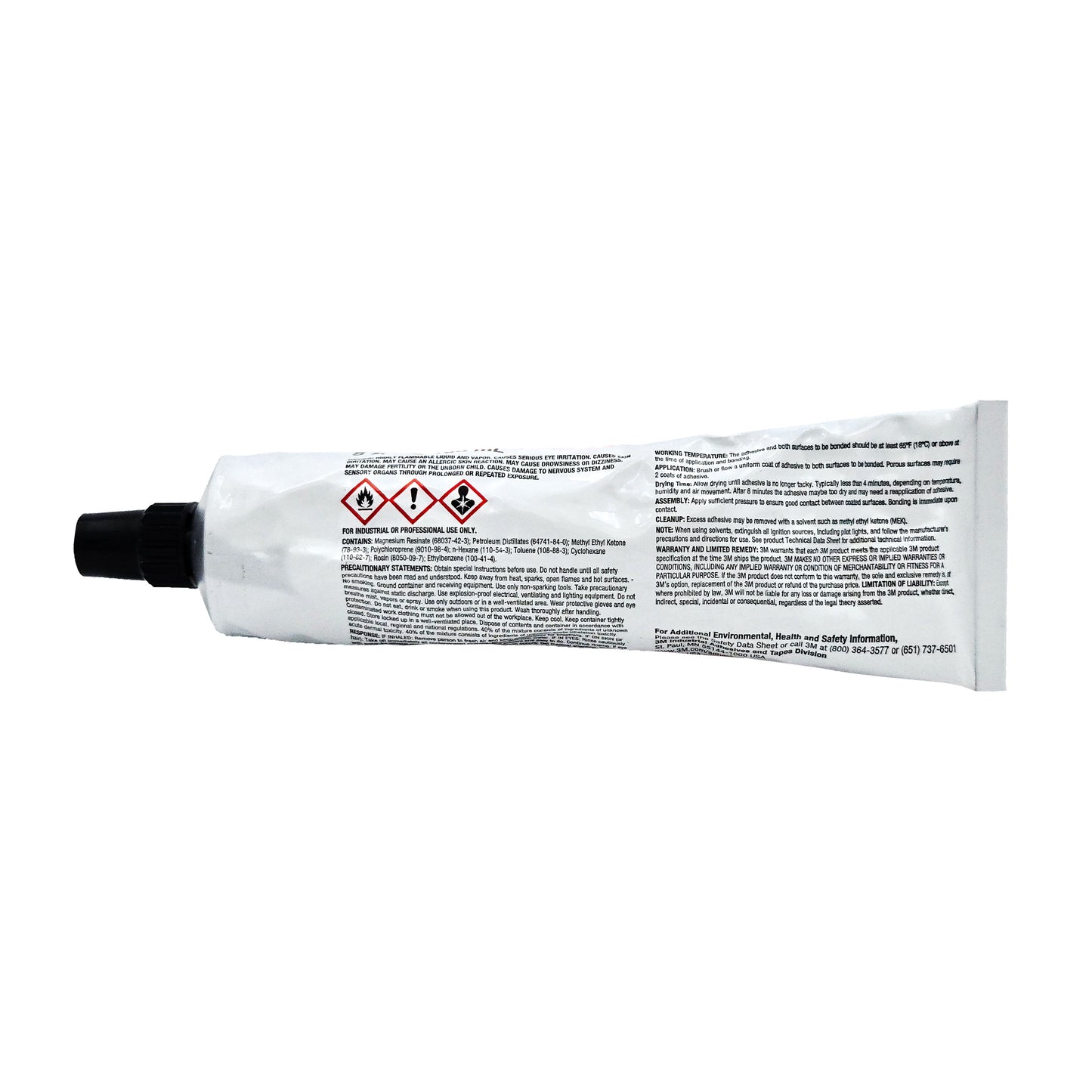 Side view of 3M 1300 adhesive tube showing industrial warning text, hazard pictograms, and ingredient list.