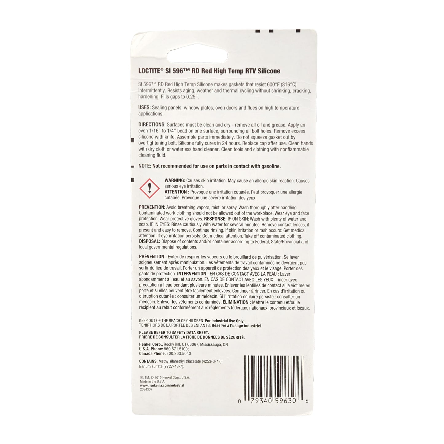 Back of Loctite Superflex Red High Temp RTV Silicone package showing directions, safety warnings, and barcode.