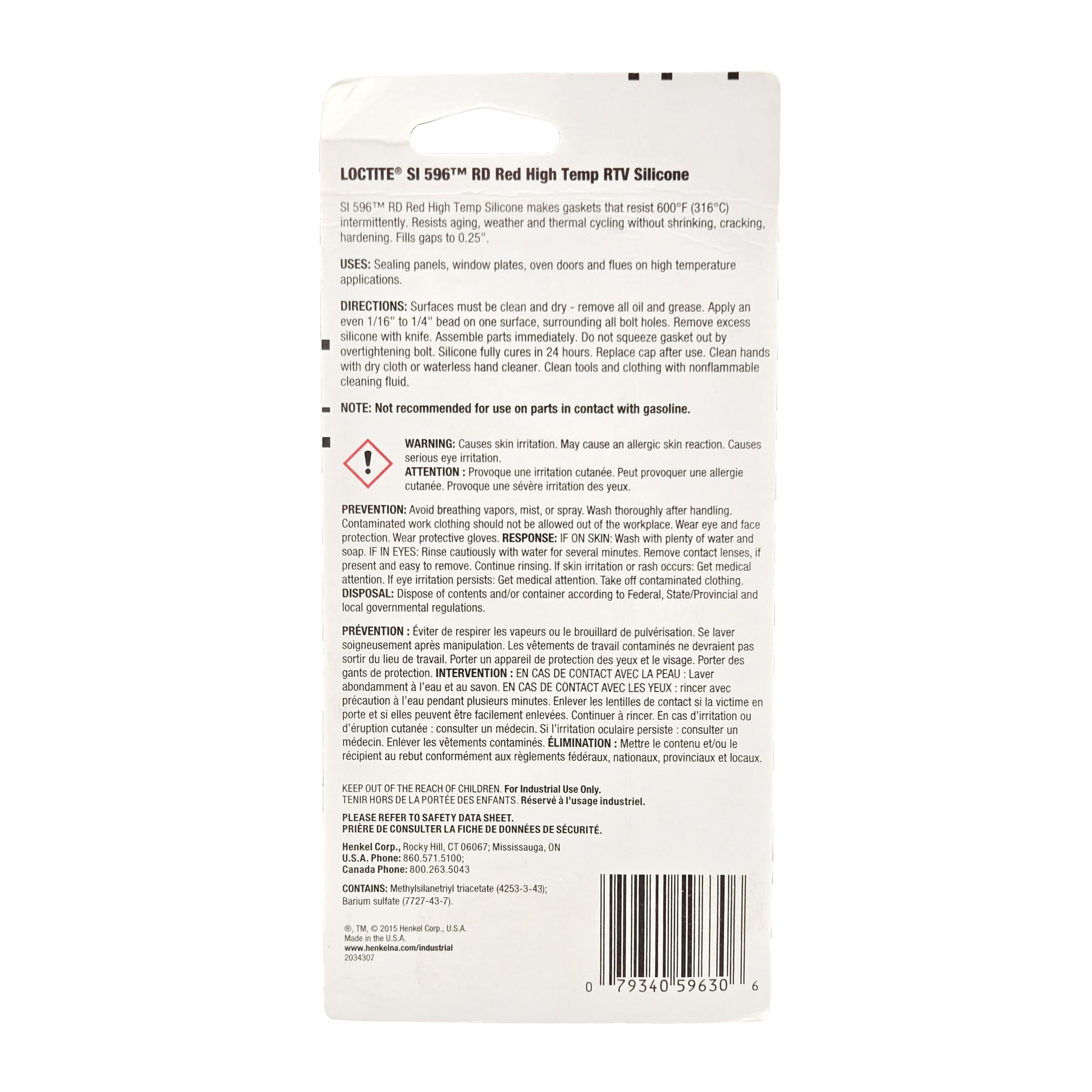 Back of Loctite Superflex Red High Temp RTV Silicone package showing directions, safety warnings, and barcode.