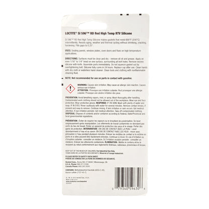 Back of Loctite Superflex Red High Temp RTV Silicone package showing directions, safety warnings, and barcode.