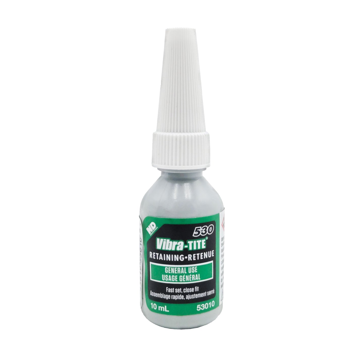 Front of Vibra-Tite 530 General Purpose Retaining Compound 10mL bottle with white nozzle and gray label.
