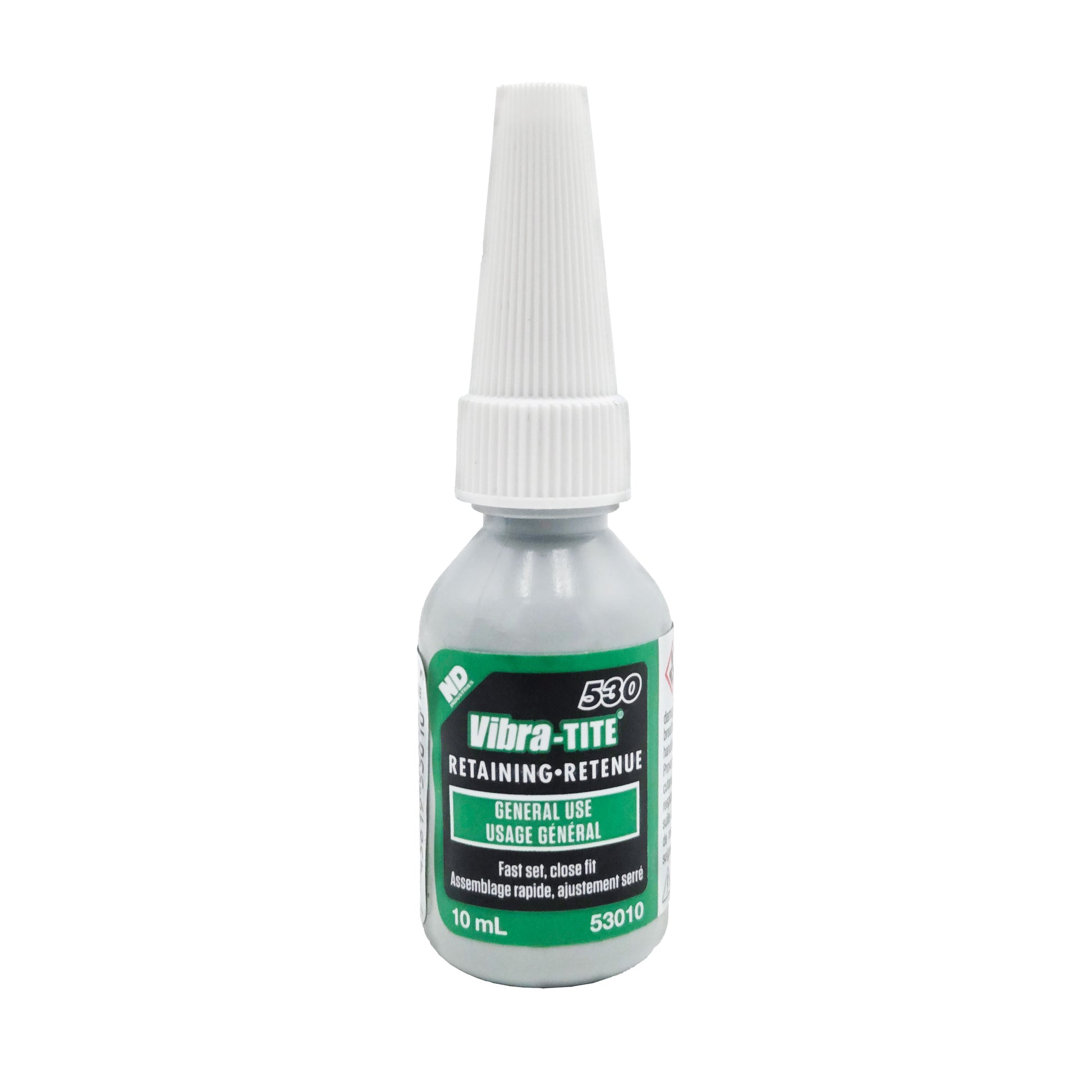 Front of Vibra-Tite 530 General Purpose Retaining Compound 10mL bottle with white nozzle and gray label.