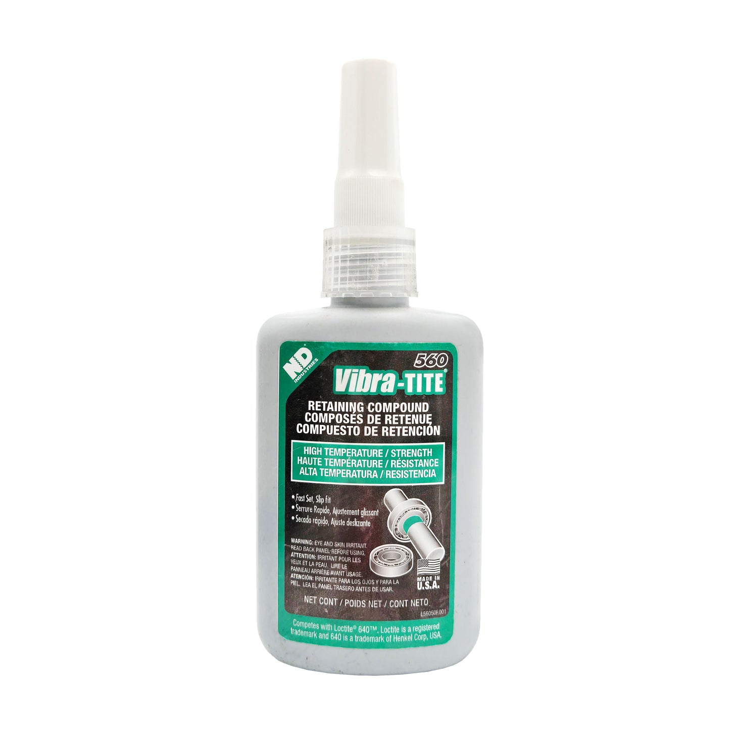 Front of Vibra-Tite 560 High Strength High Temp Retaining Compound 50 mL bottle with gray and green label.
