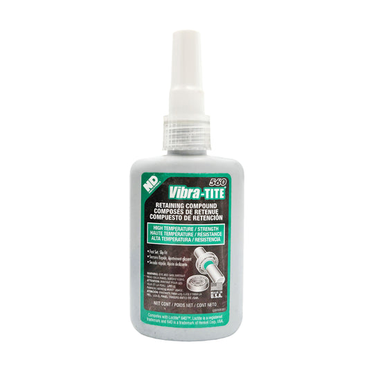 Front of Vibra-Tite 560 High Strength High Temp Retaining Compound 50 mL bottle with gray and green label.