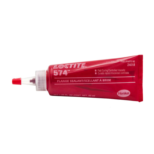Front of Loctite 574 Flange Sealant 50mL tube, red packaging with white nozzle and Henkel branding.