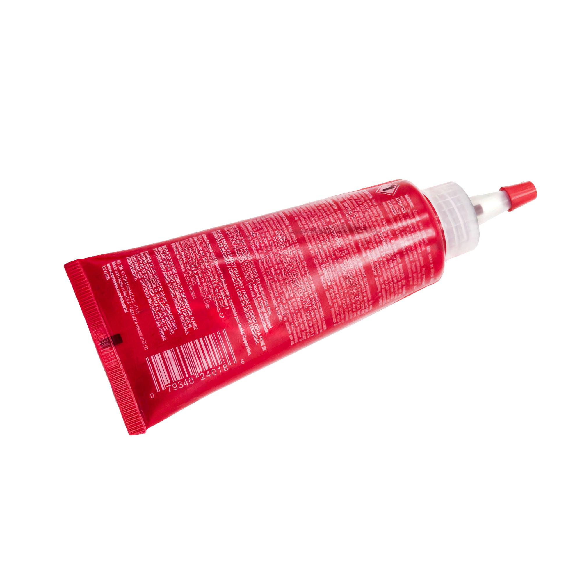 Angled view of Loctite 574 Flange Sealant tube showing back label text and barcode on red packaging.