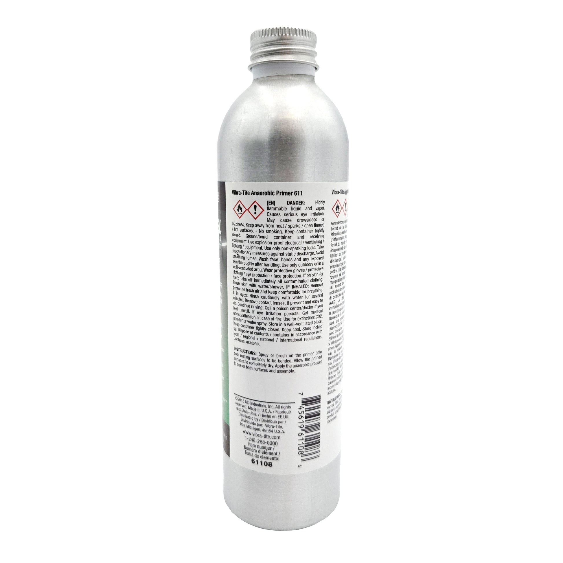 Front of Vibra-Tite 611 Primer N Surface Prep 8oz bottle with white and green label and spray pump attachment.