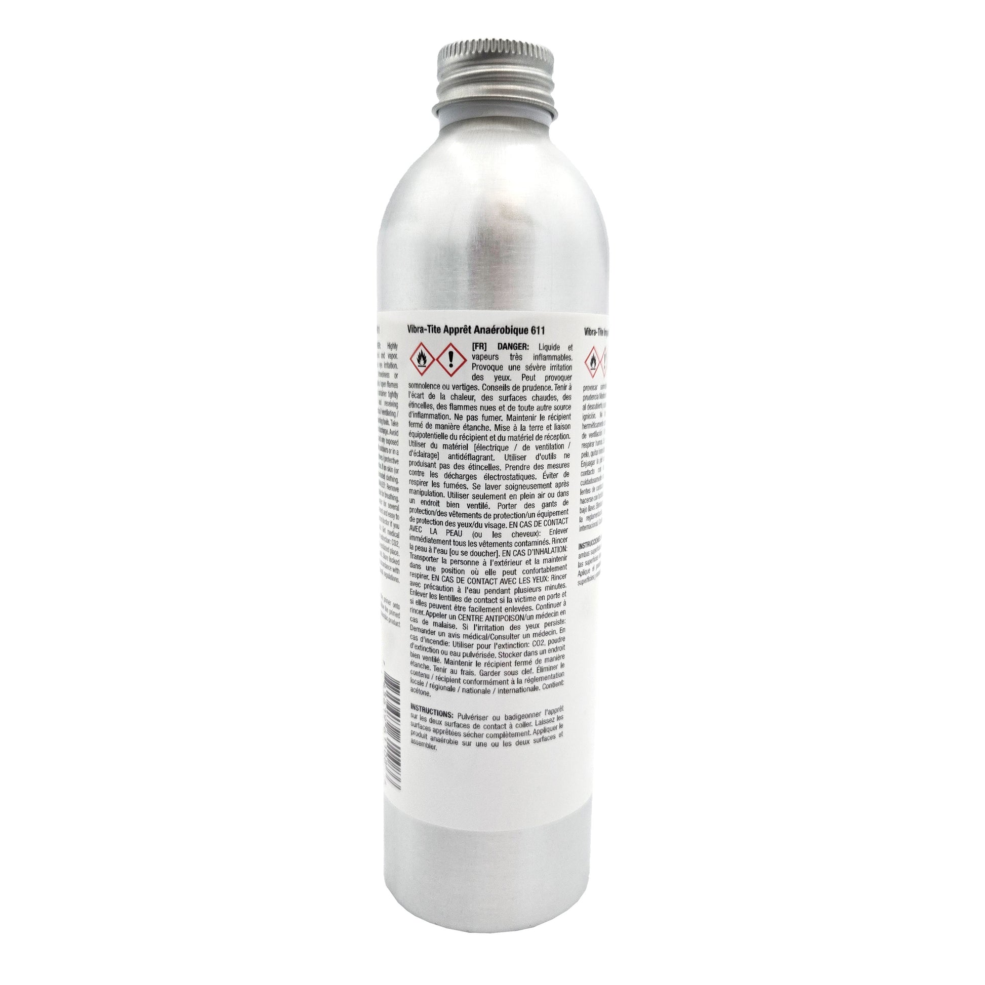 Left side of Vibra-Tite 611 Primer N bottle with French safety and usage instructions.