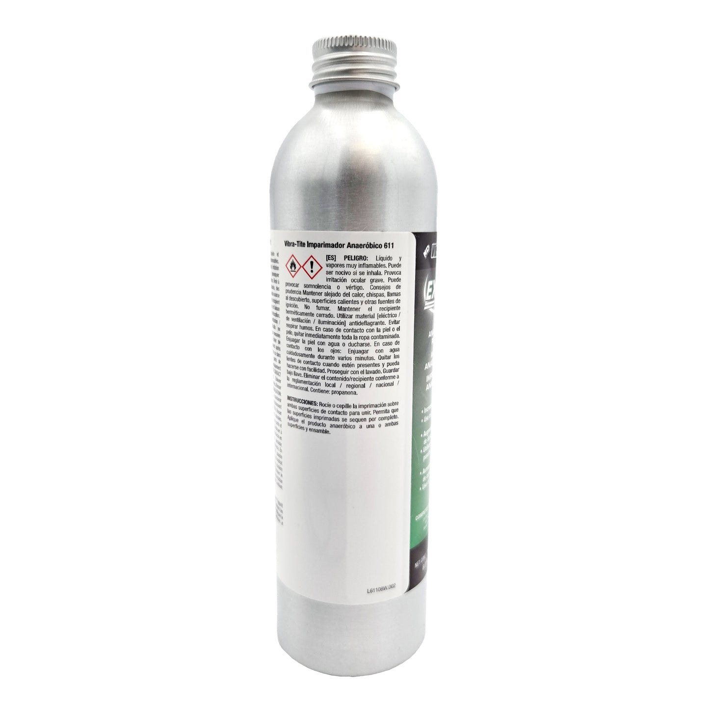 Right side of Vibra-Tite 611 Primer N bottle with Spanish hazard warnings and application directions.