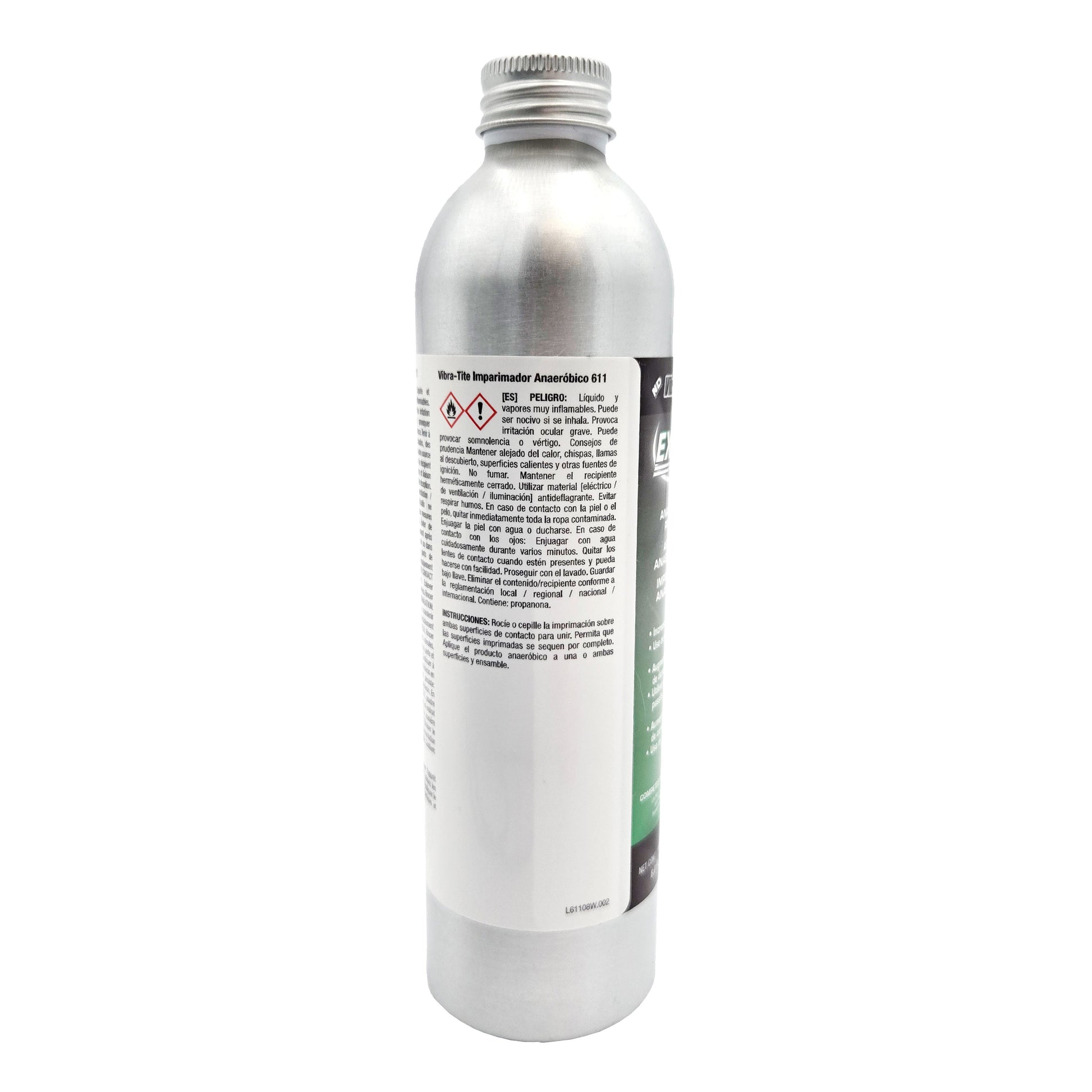 Right side of Vibra-Tite 611 Primer N bottle with Spanish hazard warnings and application directions.