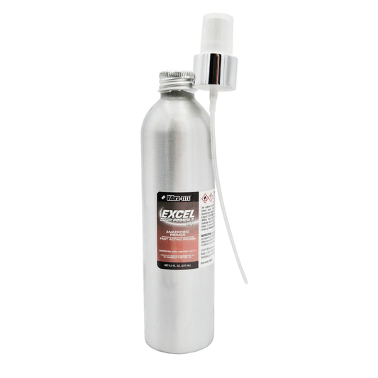 Front of Vibra-Tite 612 Primer T Surface Prep 8oz bottle with red-brown label and detached spray pump.