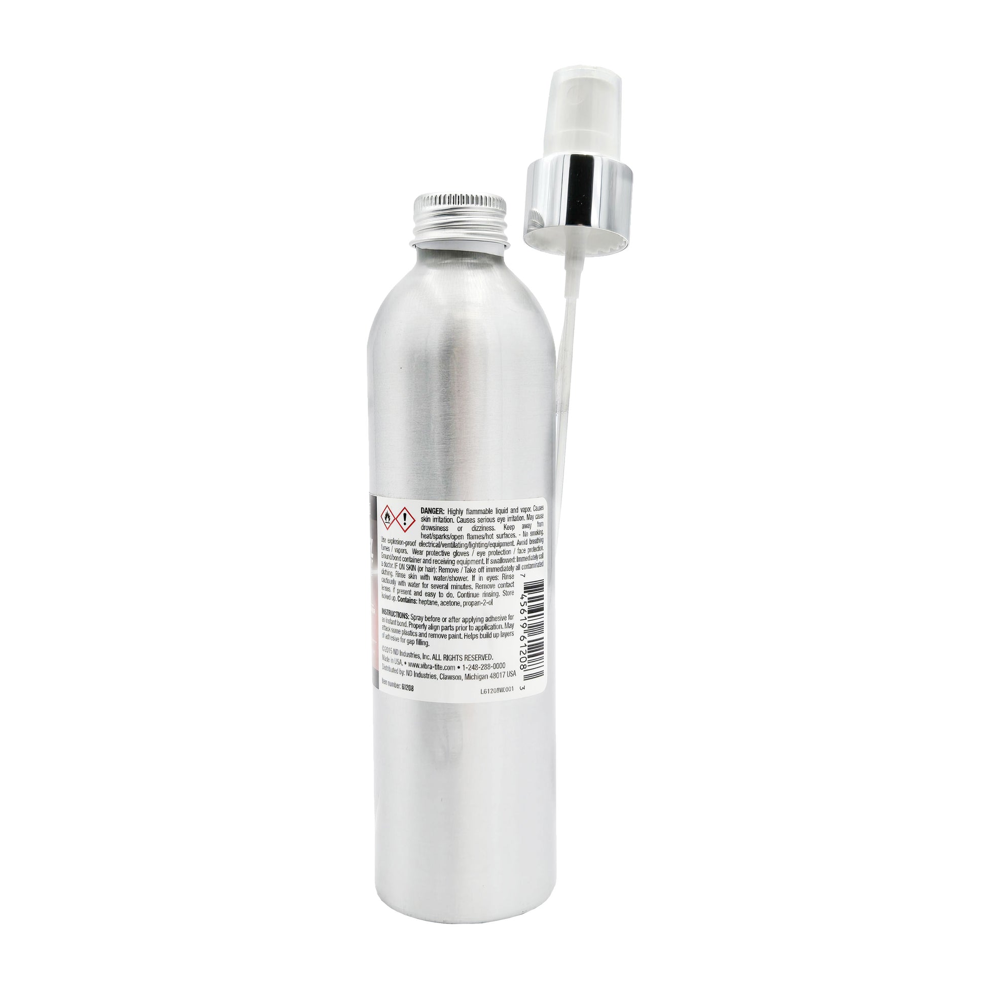 Back of Vibra-Tite 612 Primer T bottle showing safety warnings, hazard pictogram, and product details