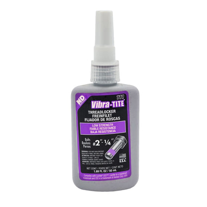 Front of Vibra-Tite 111 Low Strength Removable Threadlocker 50mL bottle with purple and white label.