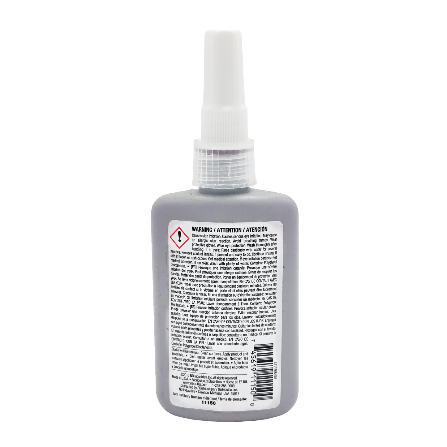 Back of Vibra-Tite 111 Threadlocker bottle showing multilingual warning text and barcode.