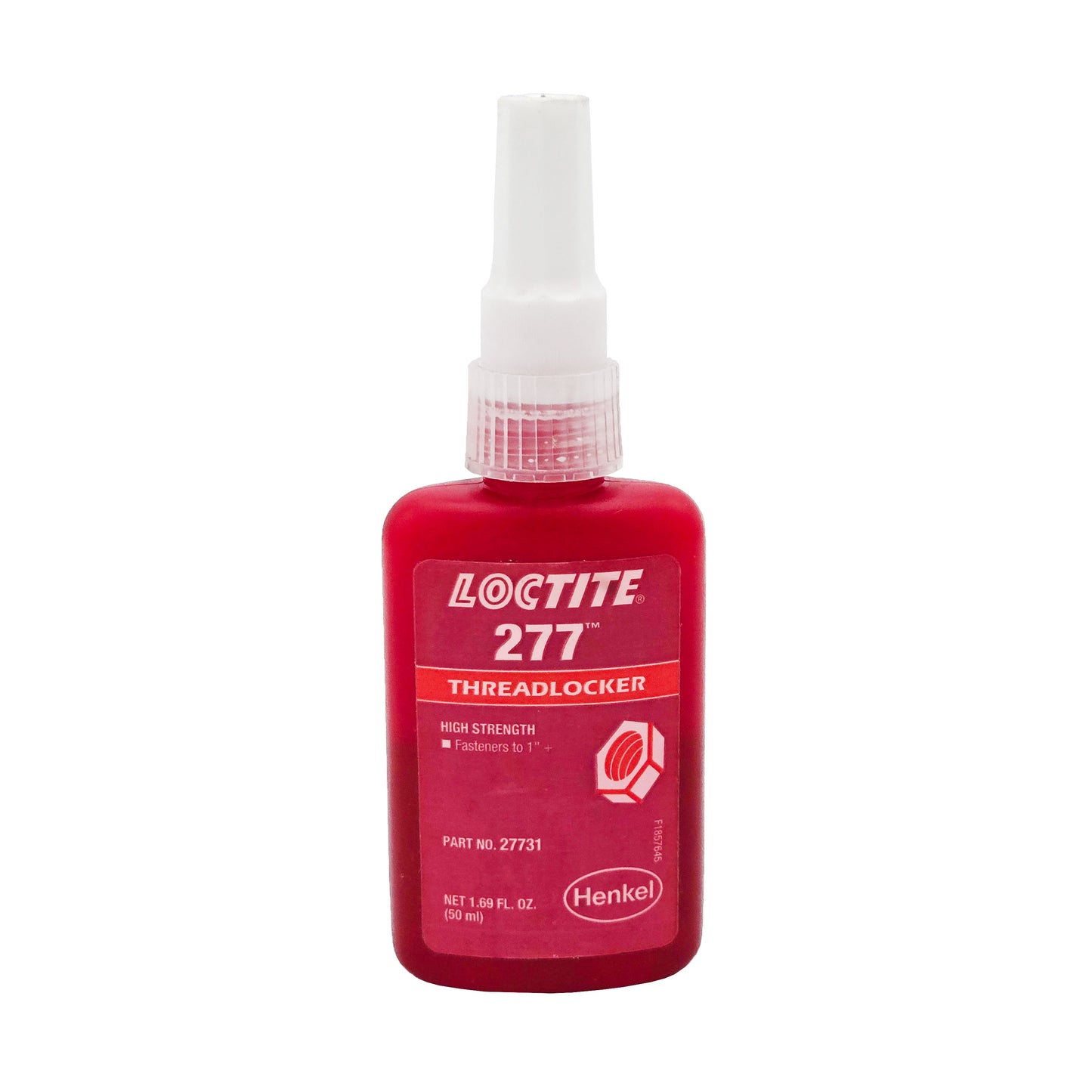 Front of Loctite 277 High Strength Red Threadlocker 50 mL bottle with white cap and red label.