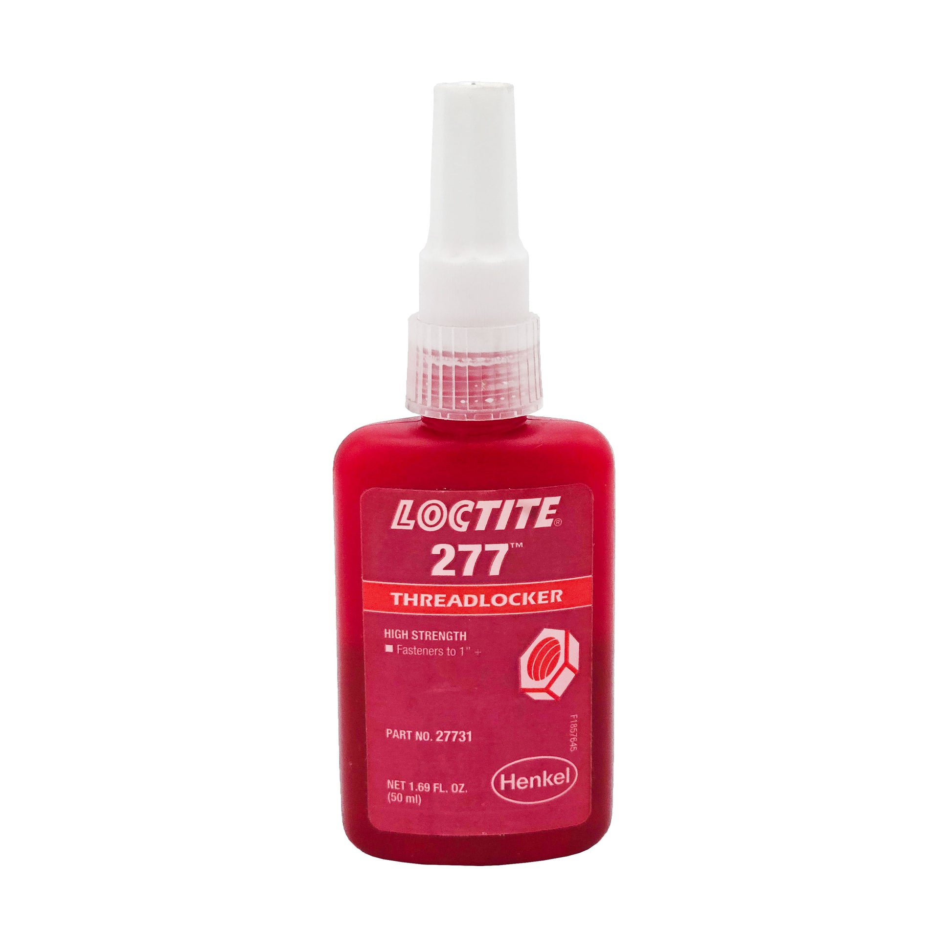 Front of Loctite 277 High Strength Red Threadlocker 50 mL bottle with white cap and red label.