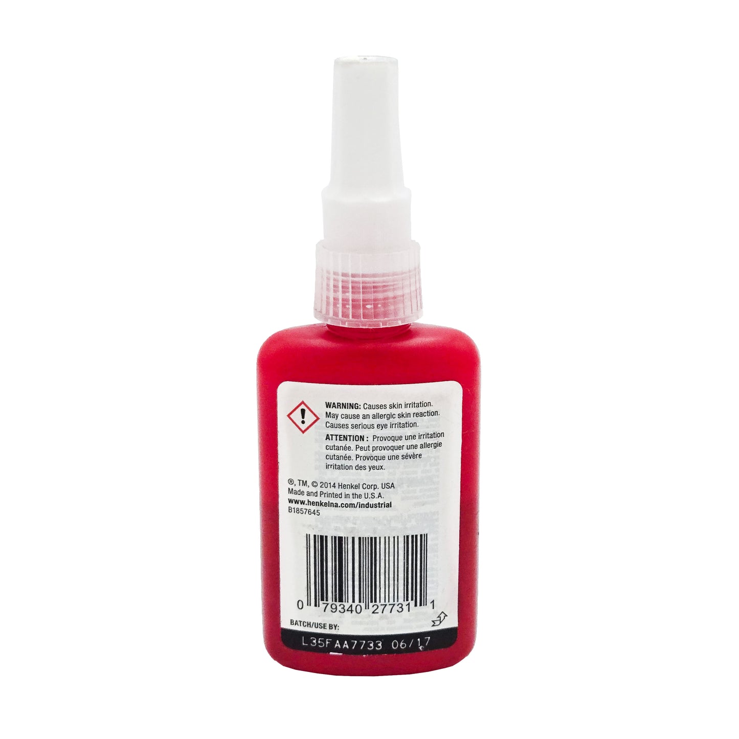 Back of Loctite 277 Threadlocker bottle showing warning text, barcode, and expiration code.